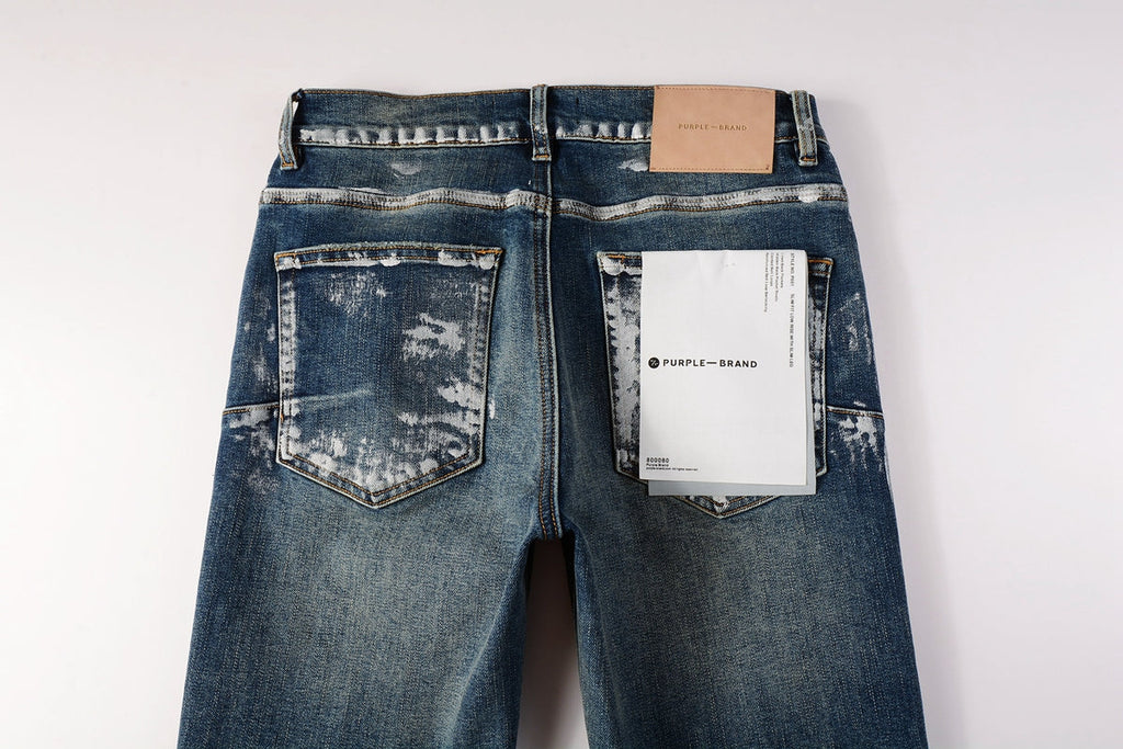 Men Streetwear Skinny Jeans Dark Blue Wash with White Brushstroke Distress 9040