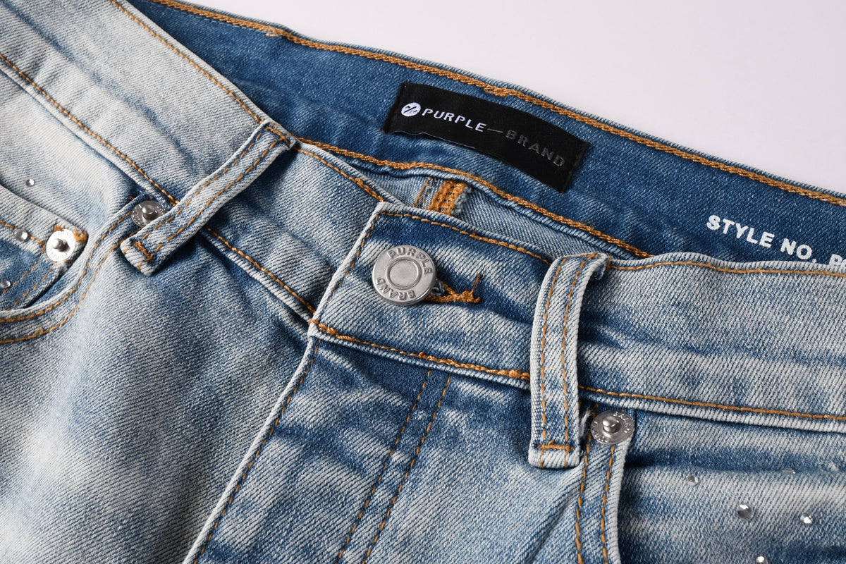 Men Streetwear Skinny Jeans Light Blue with Rhinestone Studs and Distressed Details PU9119