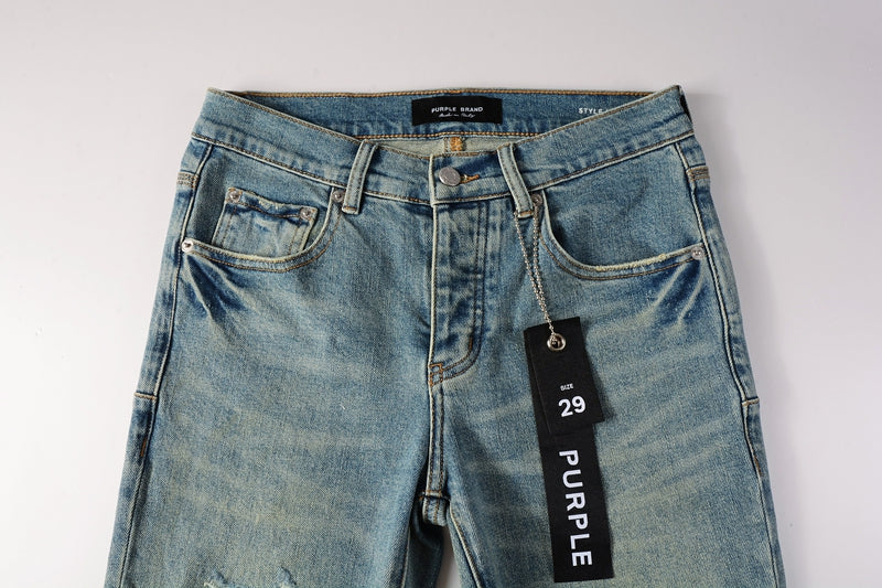 Men Streetwear Skinny Jeans Light Blue Wash with Distressed Ripped Knee Details 9076