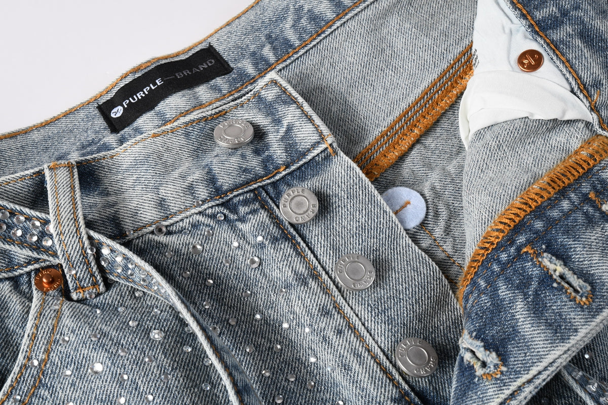Men Streetwear Straight Denim Shorts Grey Wash with Rhinestone Speckles and Seam Accents 5096
