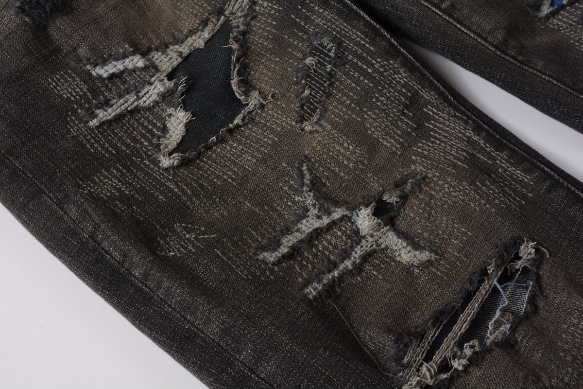 Men Streetwear Skinny Jeans Dark Gray Wash with Multi - Color Patched Distressed Details 9080