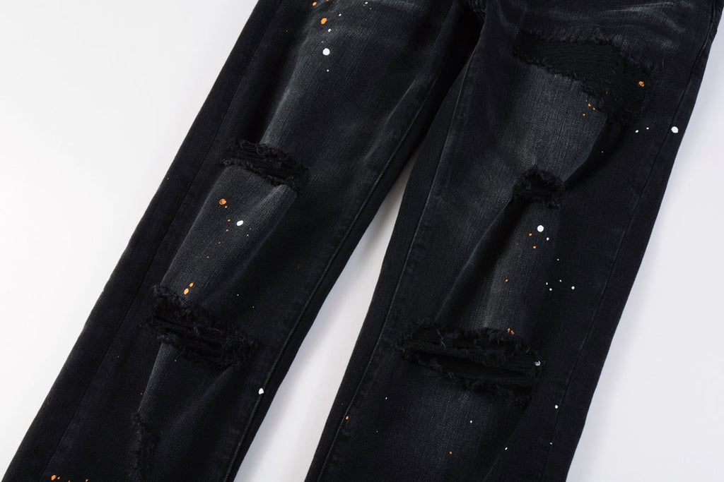 Mens Jeans - Distressed Black Denim with Knee Slit and Ripped Hole 9045