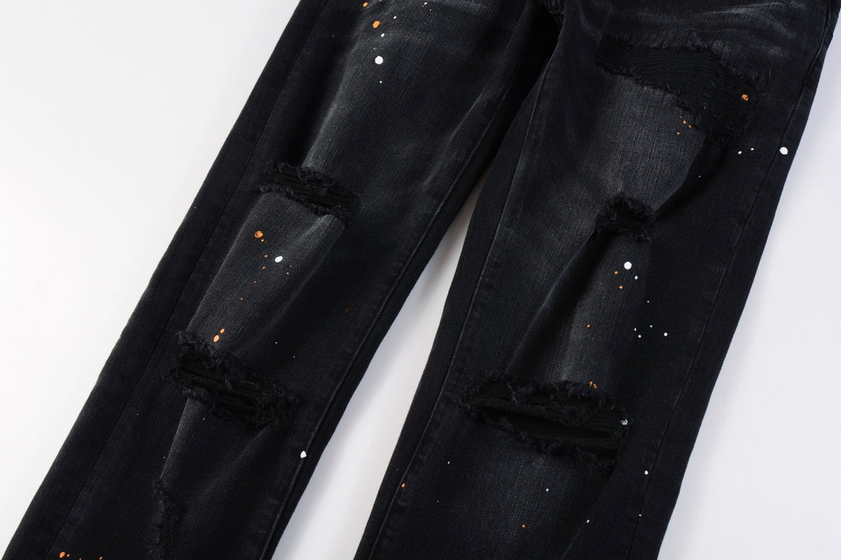 Mens Jeans - Distressed Black Denim with Knee Slit and Ripped Hole 9045