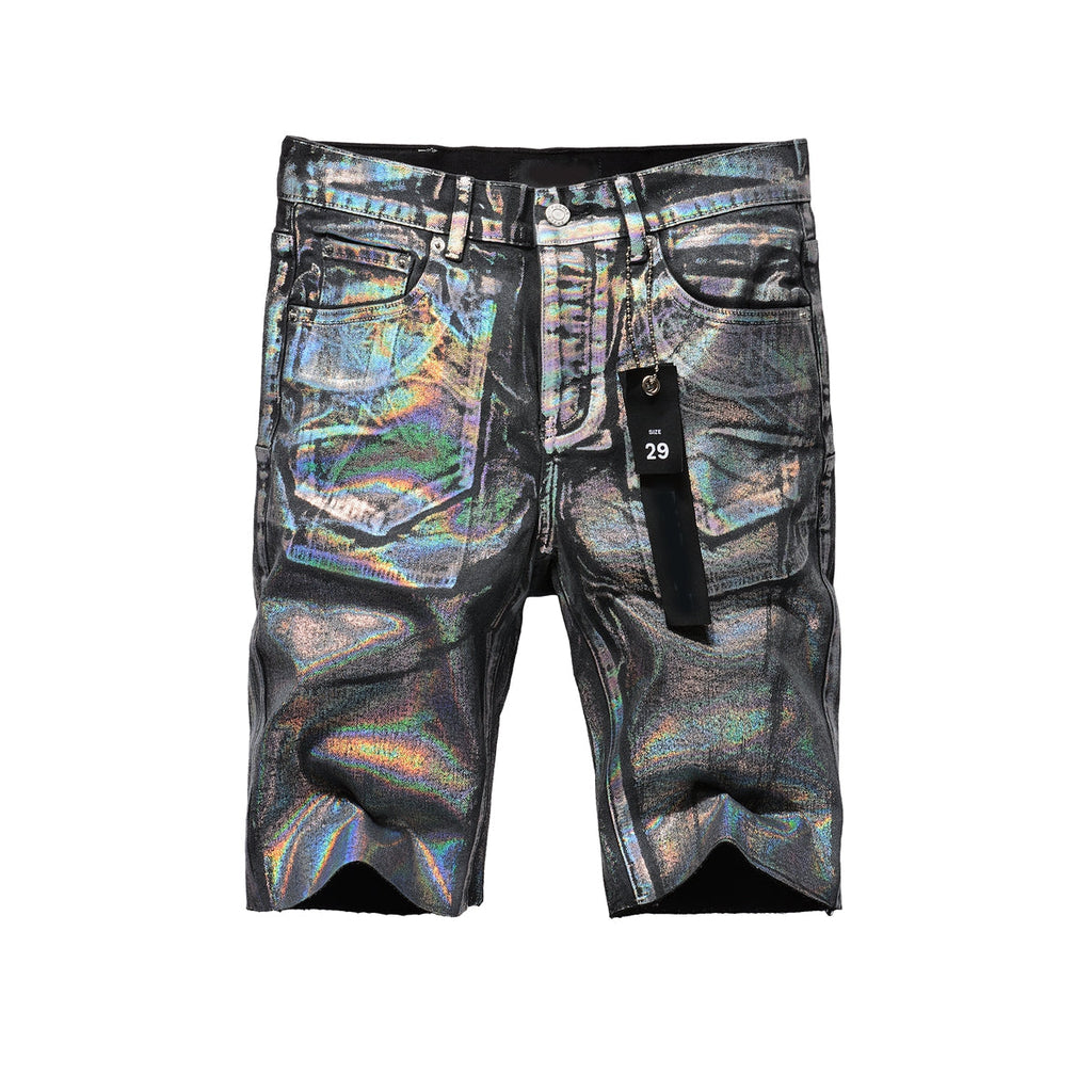 Men Streetwear Denim Shorts Black Wash with Holographic Reflective Finish and Raw Hem 5028
