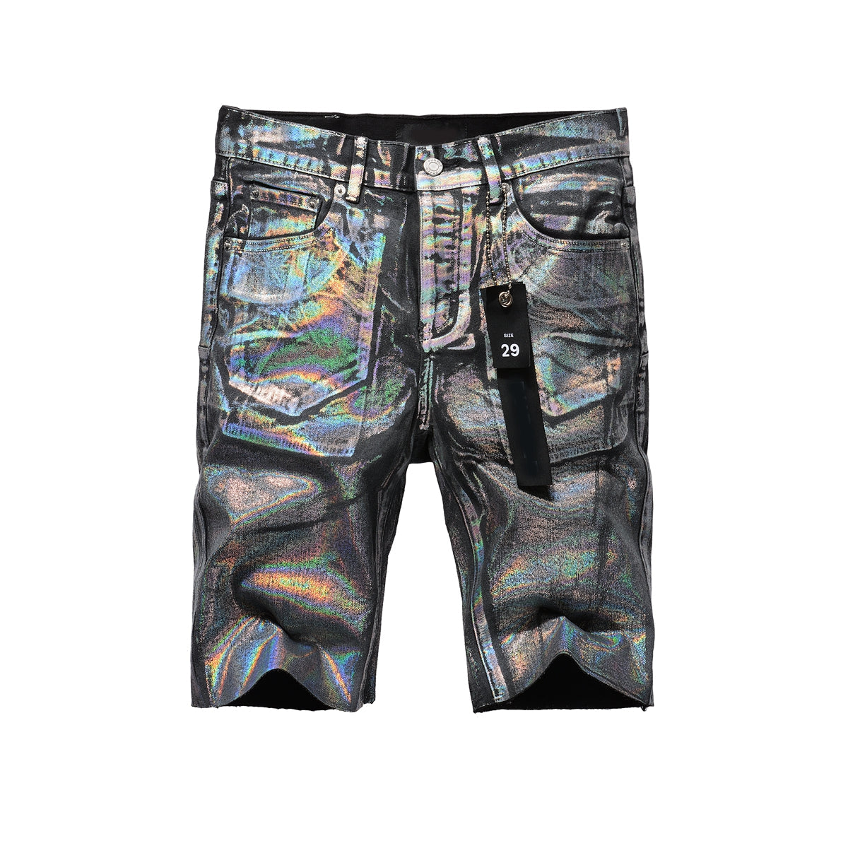 Men Streetwear Denim Shorts Black Wash with Holographic Reflective Finish and Raw Hem 5028
