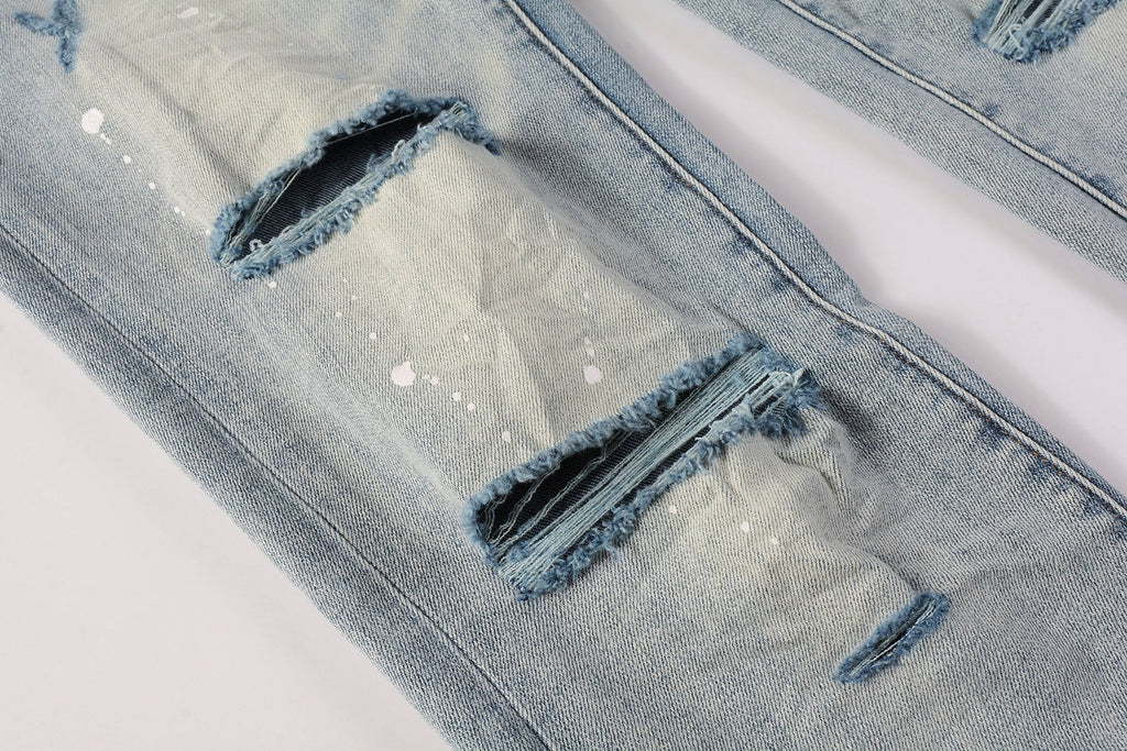 Men Streetwear Skinny Jeans Light Blue Wash with Heavy Distressed Rips and White Paint Splatter 9003