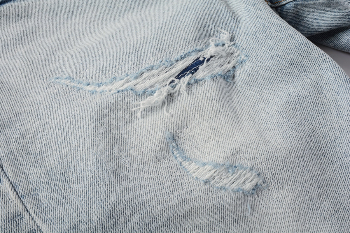 Men Streetwear Denim Shorts Light Blue Wash with Distressed Rips and Raw Hem 5088