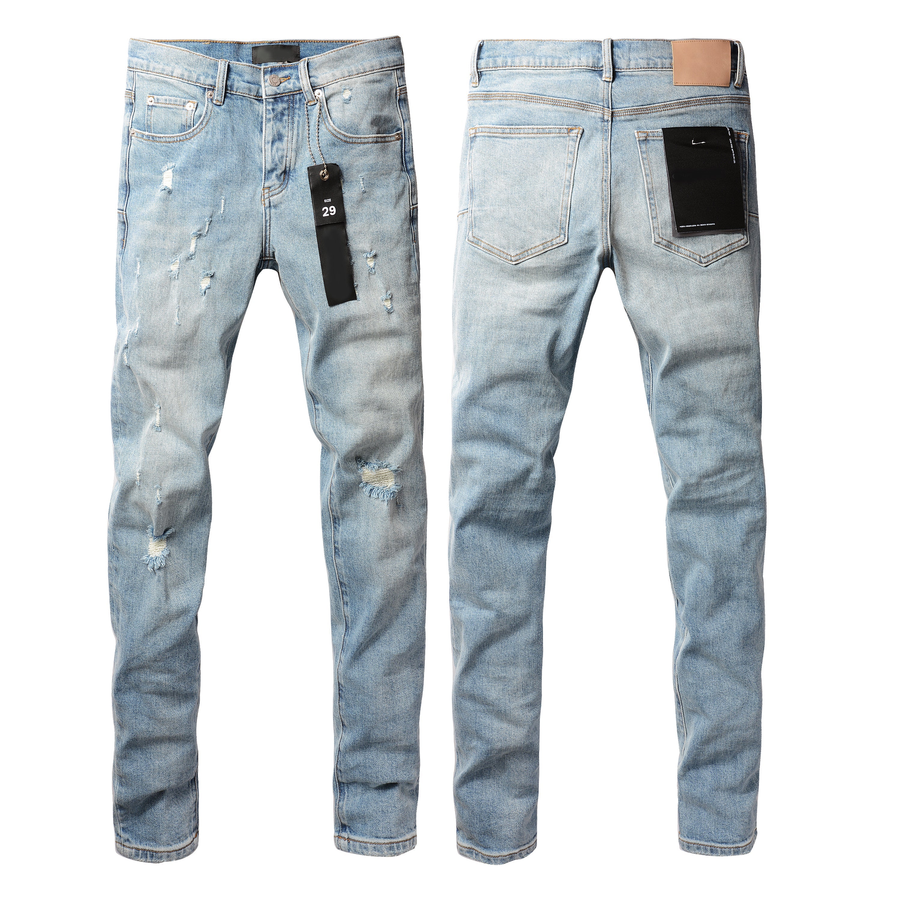 Men Streetwear Skinny Jeans Light Blue Wash with Subtle Distressed Ripped Details 9075