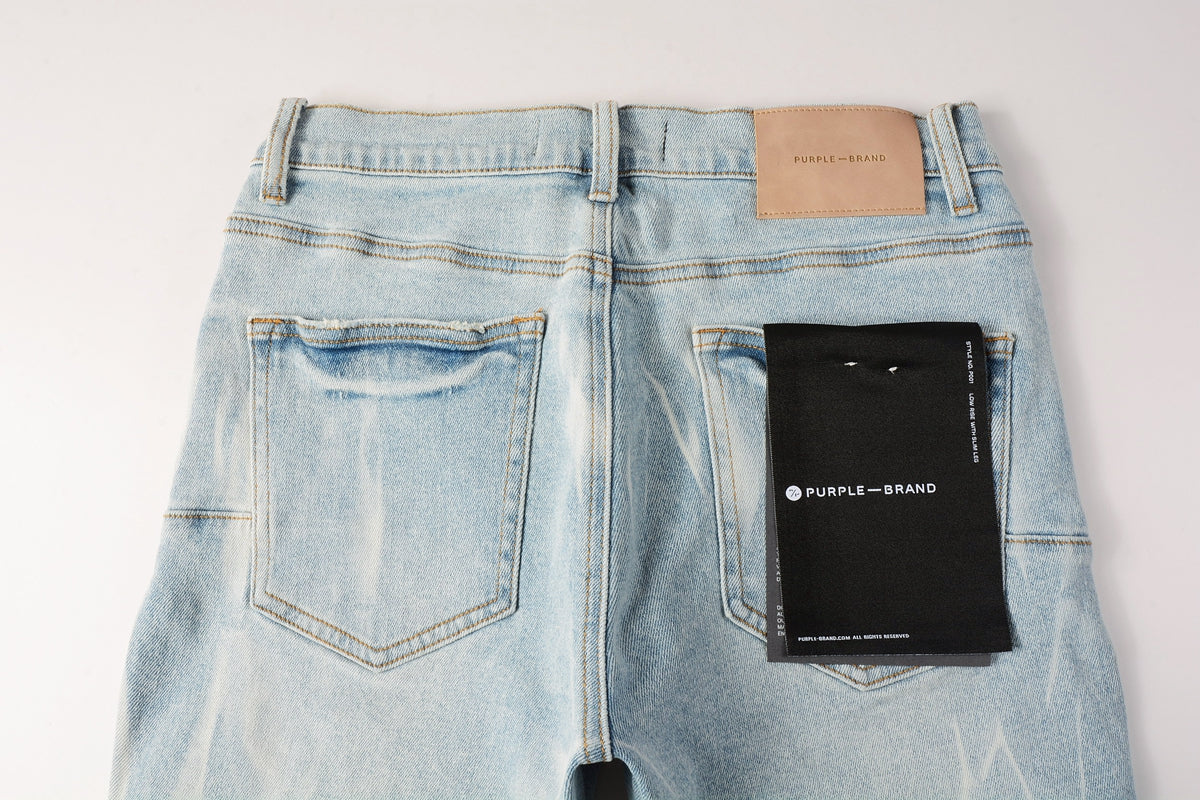 Men Streetwear Denim Shorts Light Blue Wash with White Distressed Patches and Raw Hem 5069