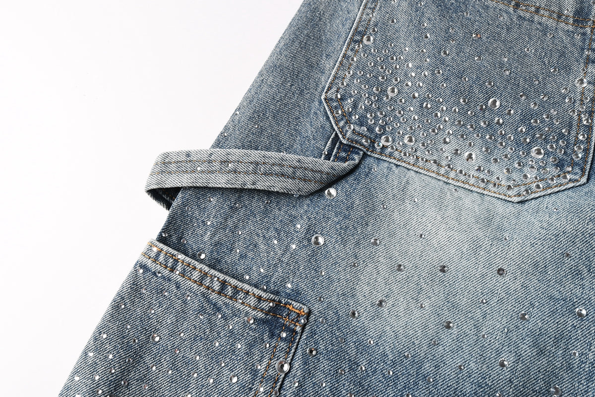 Men Streetwear Cargo Denim Shorts Light Blue Wash with Rhinestone Embellishment and Distressed Details 5097
