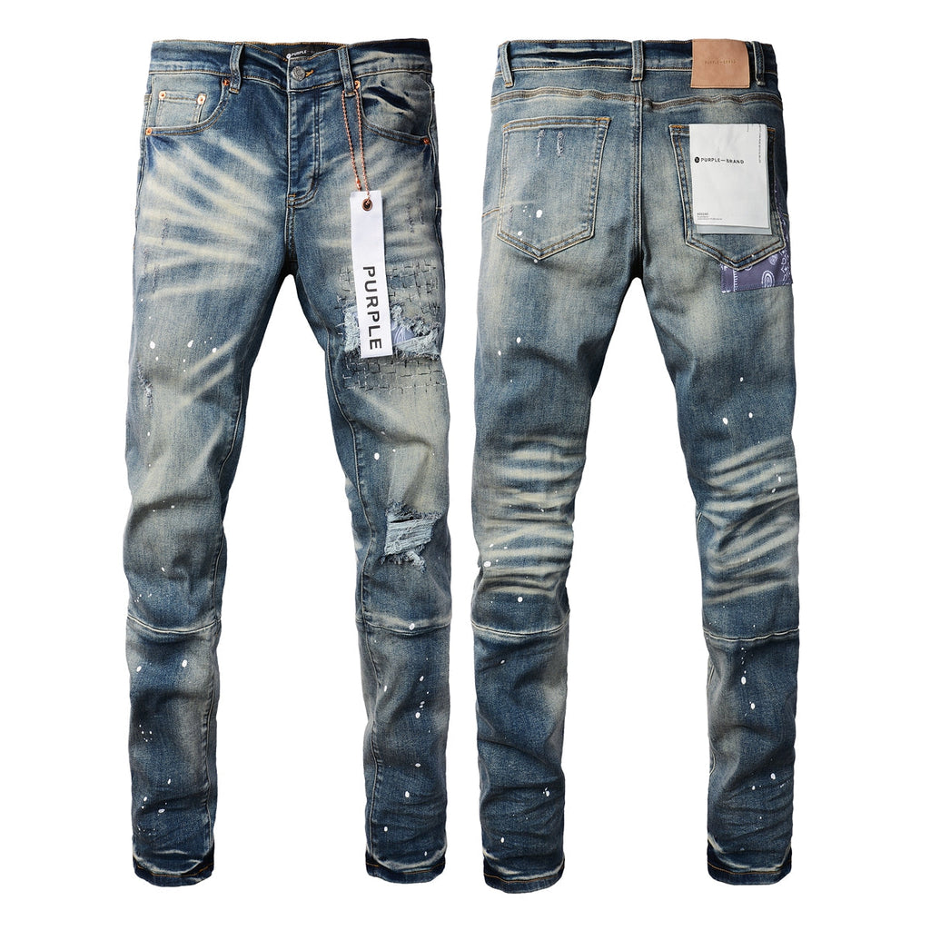 Men Streetwear Jeans Distressed Blue PatchPaint skinny Fit 9025
