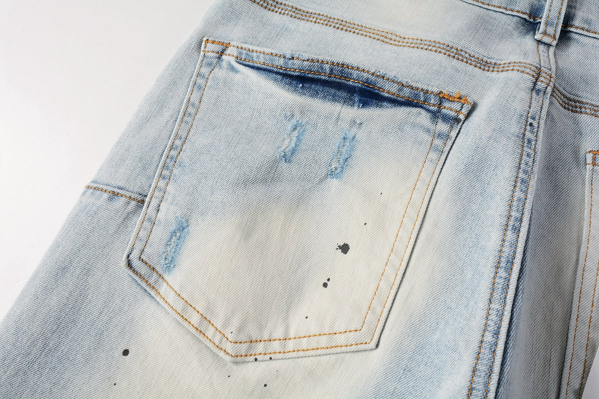 Men Streetwear Skinny Jeans Light Blue Wash with White Paint Splatter and Subtle Distress 9006