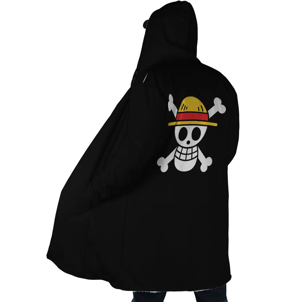 Black Straw Hat Jolly Roger One Piece Hooded Cloak Coats - L