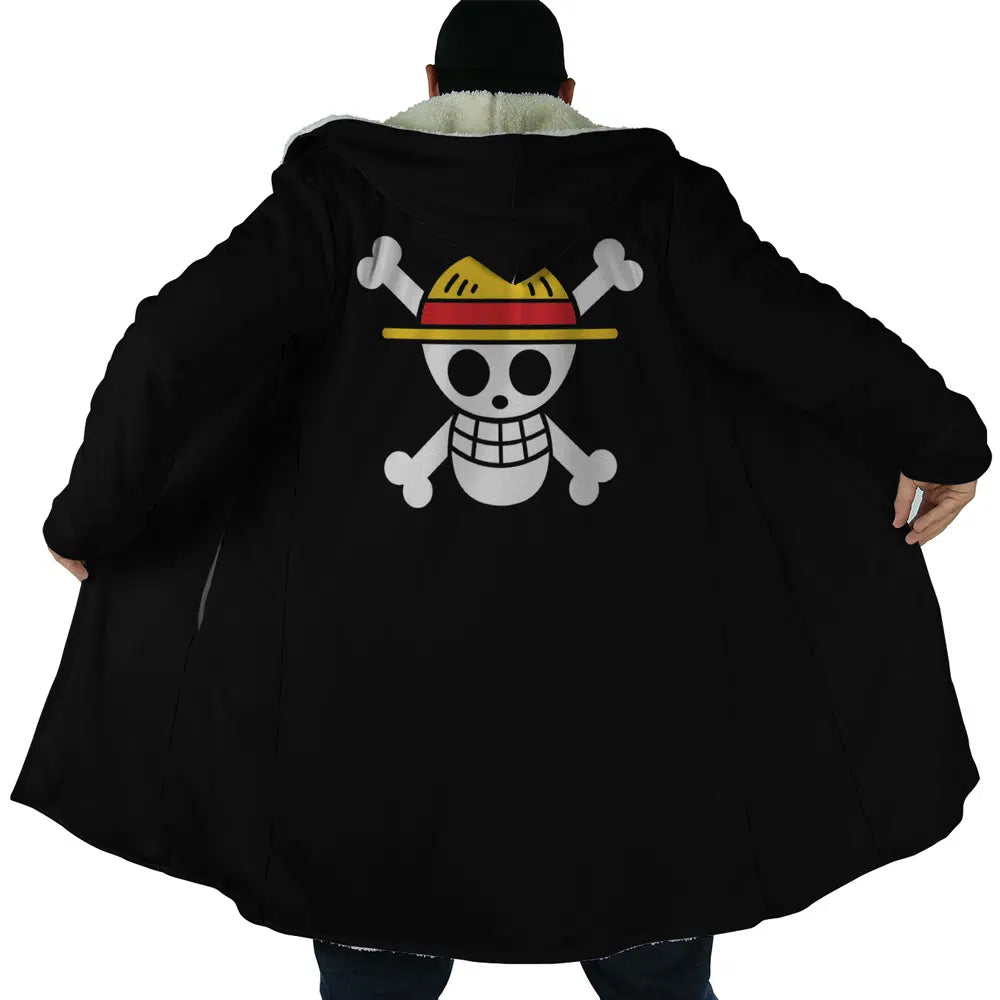 Black Straw Hat Jolly Roger One Piece Hooded Cloak Coats - 2XL