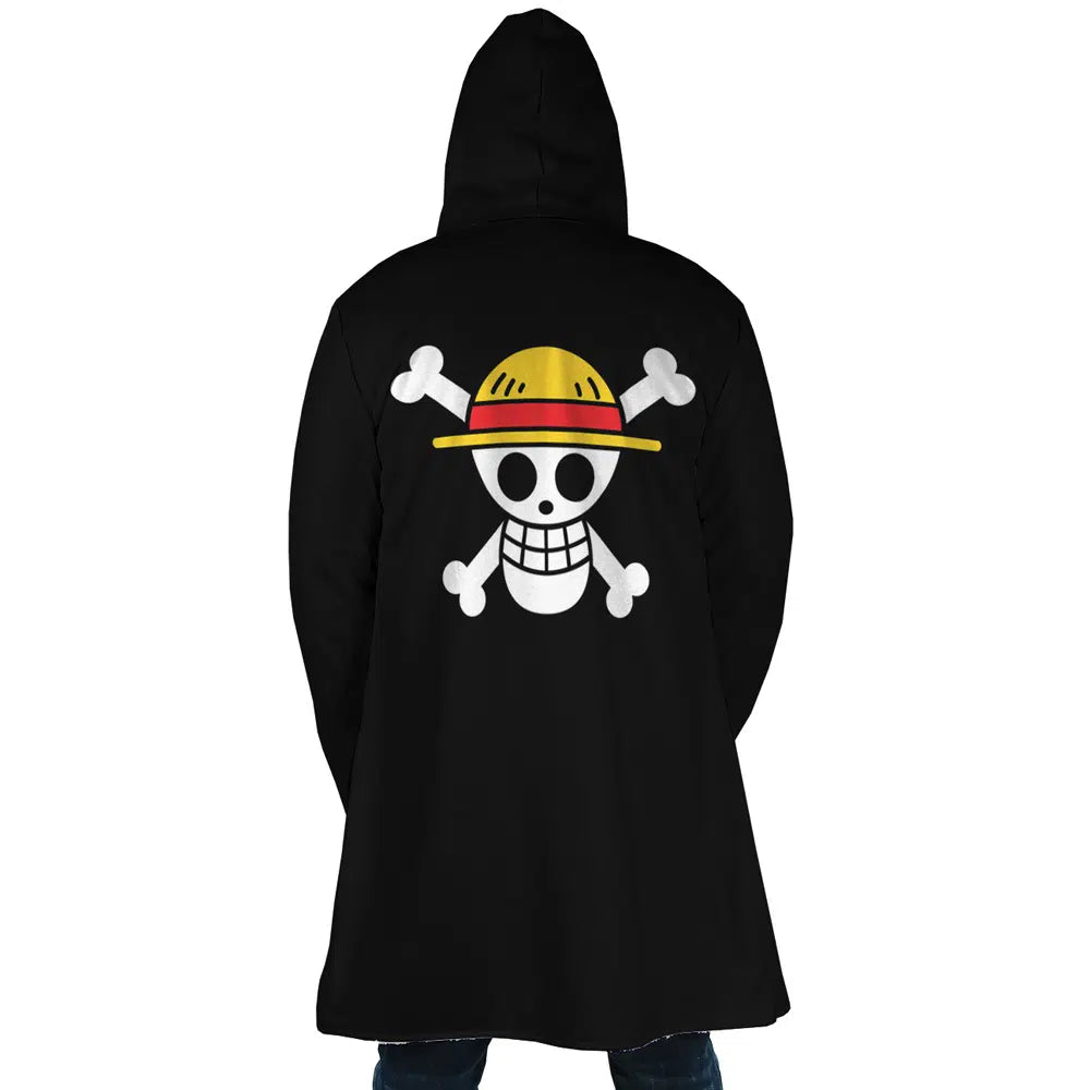 Black Straw Hat Jolly Roger One Piece Hooded Cloak Coats - XL