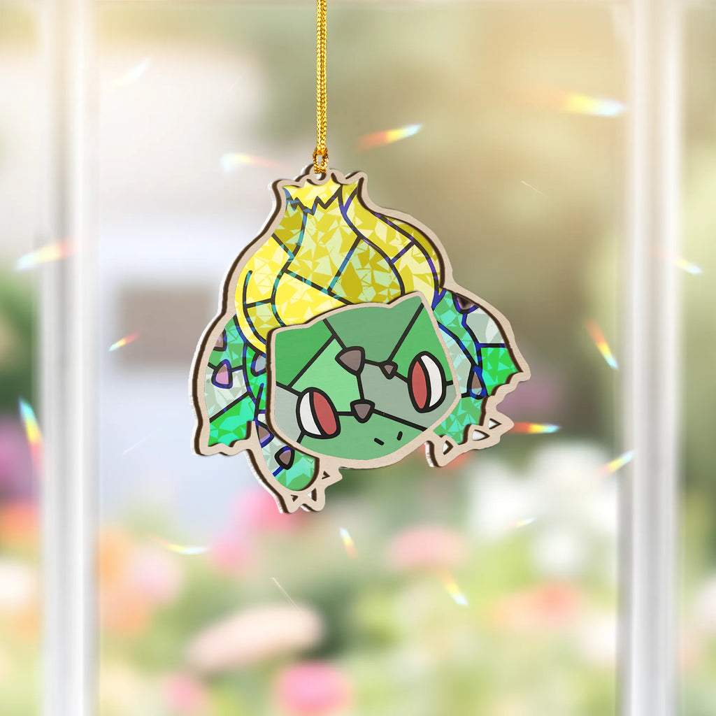 Bulbasaur Pokemon Wood Shattered Glass Hologram Ornament - 5 in