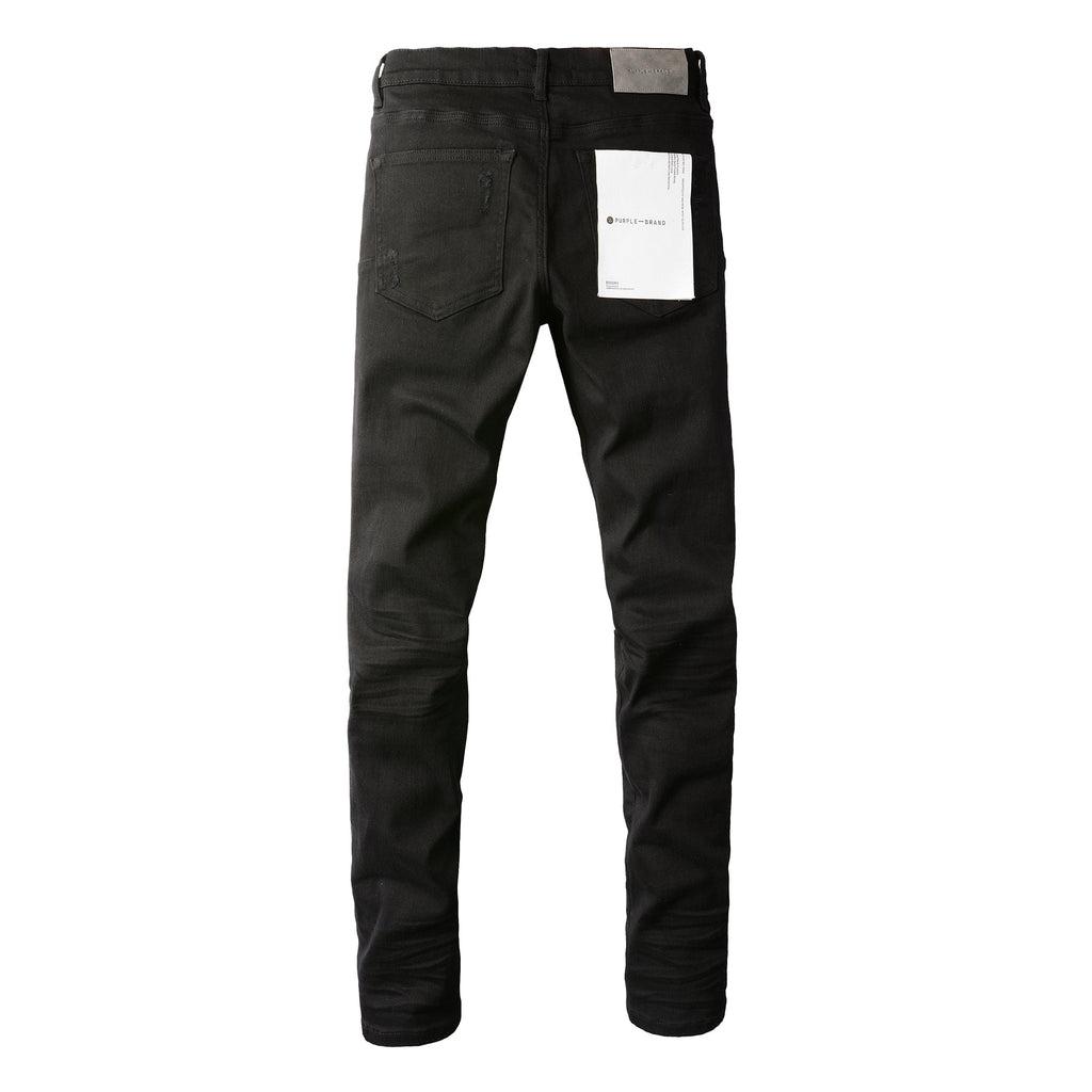 Men Streetwear Skinny Jeans Black Wash with Distressed Rip Details 9022