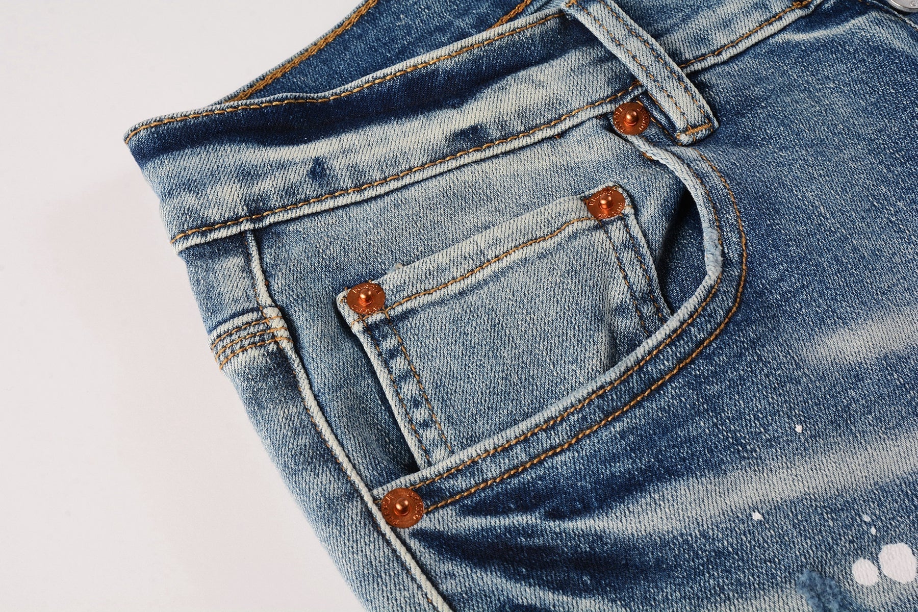 Men Streetwear Skinny Jeans Light Blue Wash with Heavy Distressed Rips and White Paint Splatter 9003
