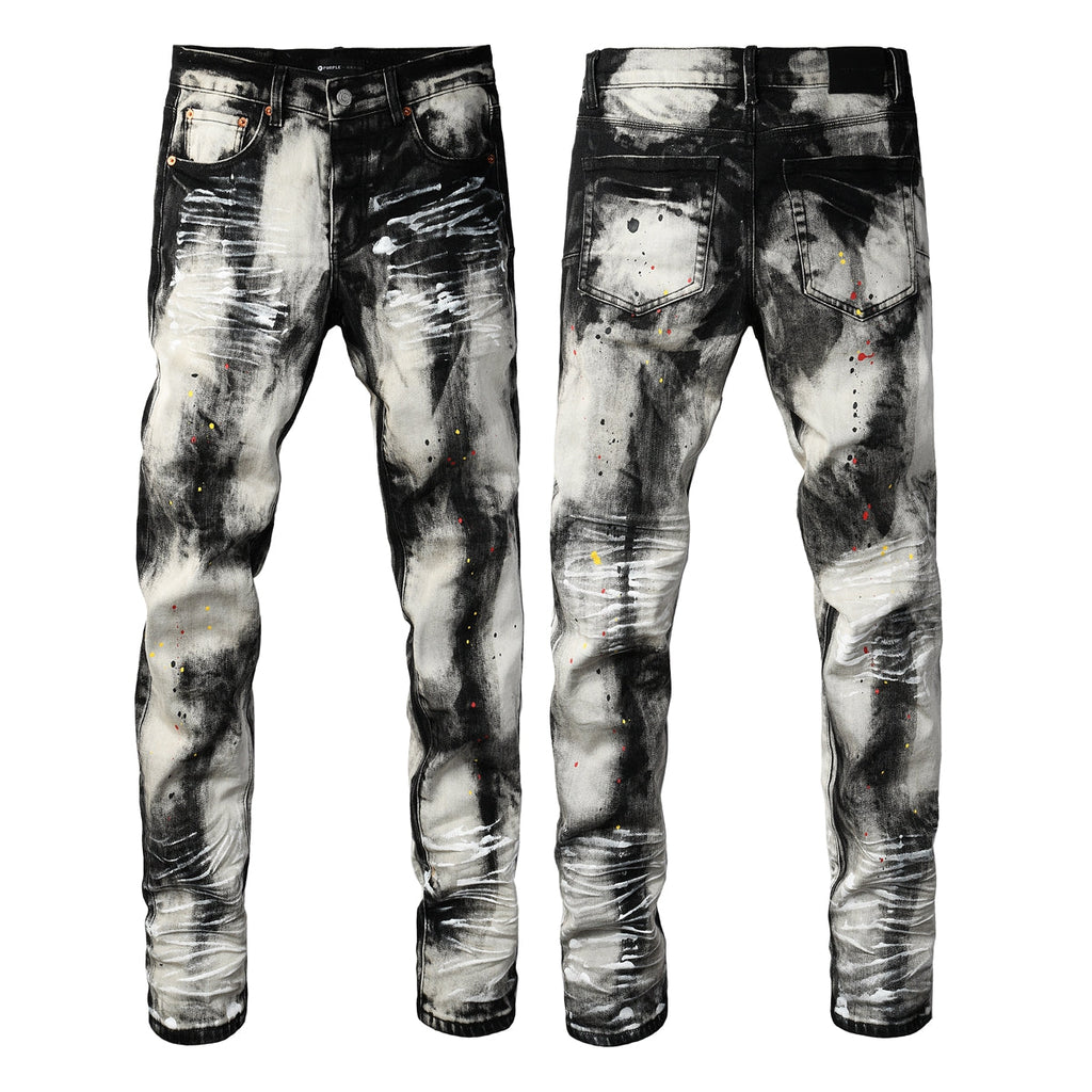 Men Streetwear Skinny Jeans Black and White Graffiti Wash with Multi Color Paint Splash 9111