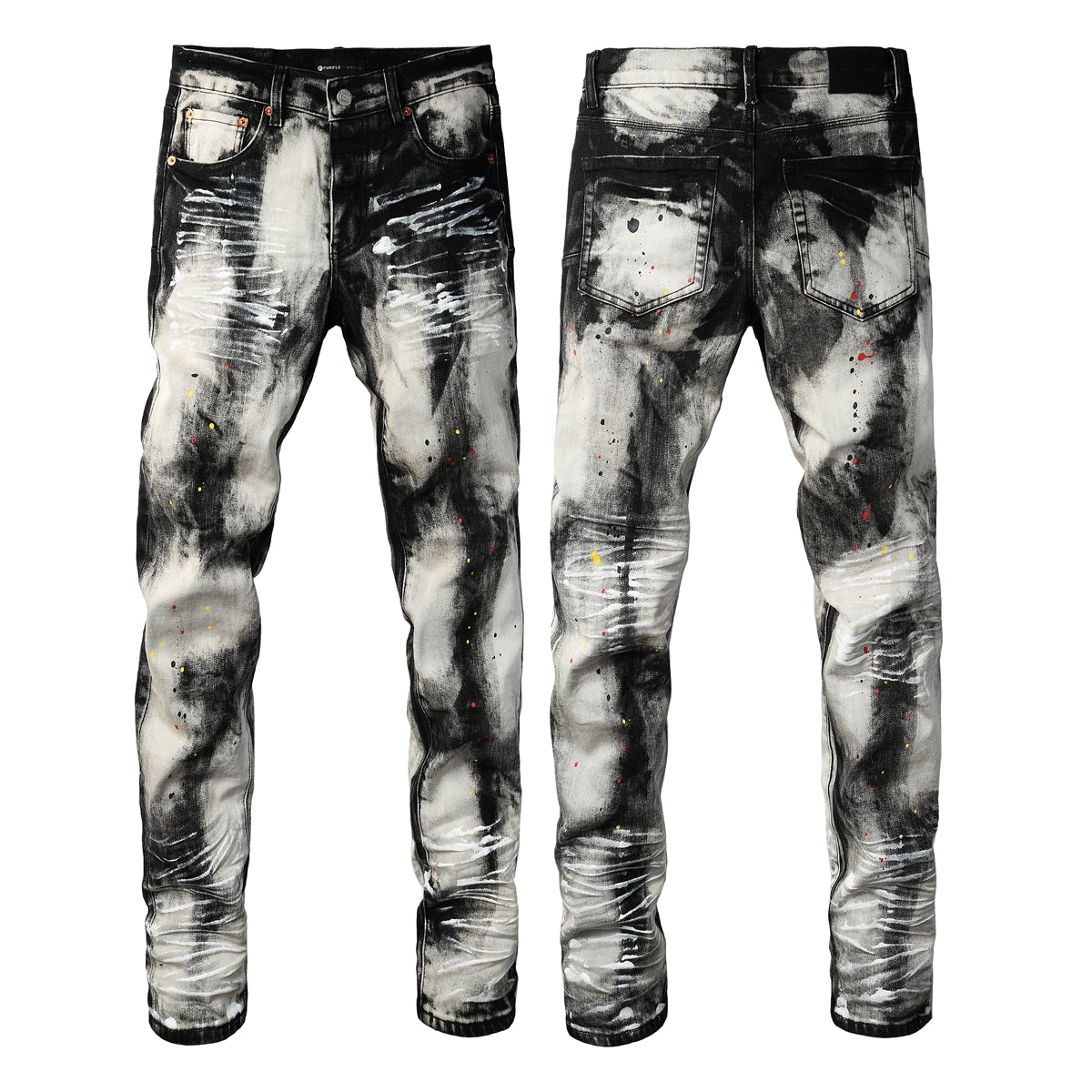 Men Streetwear Skinny Jeans Black and White Graffiti Wash with Multi Color Paint Splash 9111
