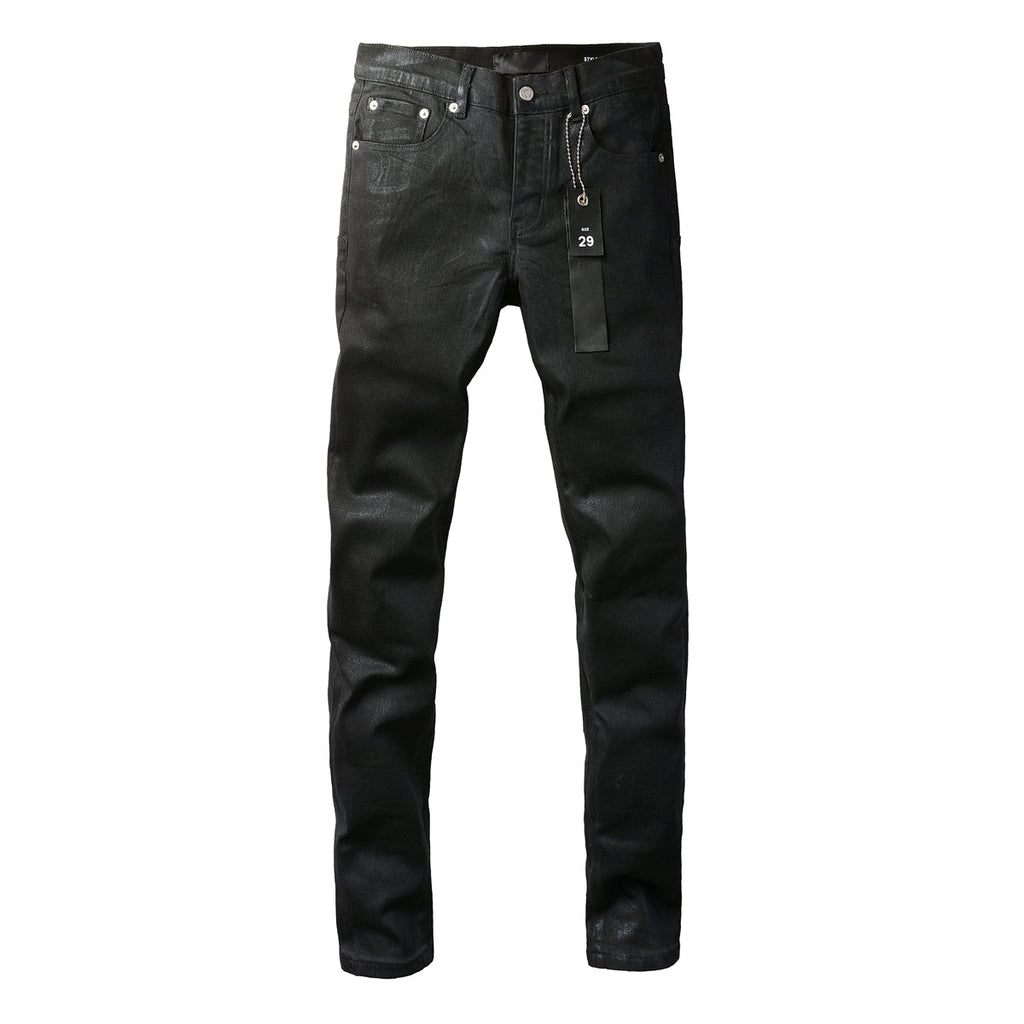 Men Streetwear Skinny Jeans Black Wash with Subtle Sheen and Tag Accent 9082