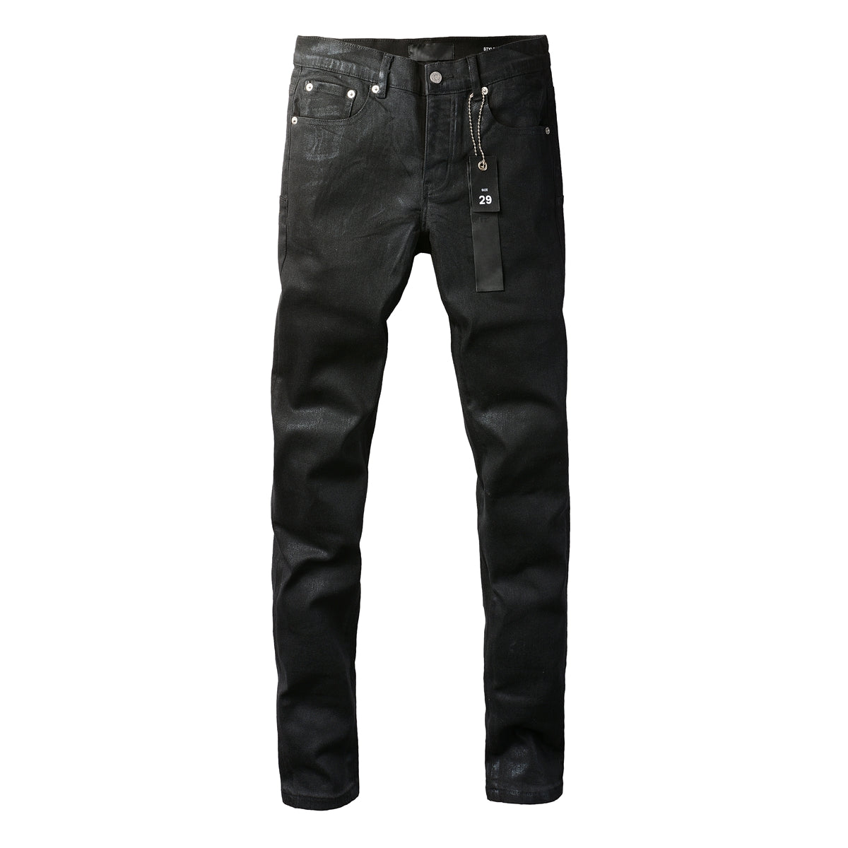 Men Streetwear Skinny Jeans Black Wash with Subtle Sheen and Tag Accent 9082