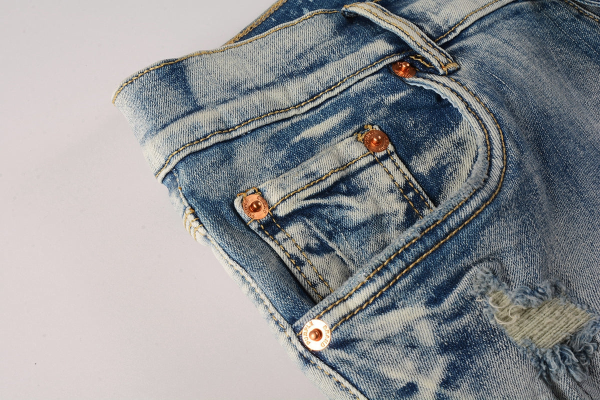 Men Streetwear Skinny Jeans Light Blue Wash with Heavy Distressed Rips 9050