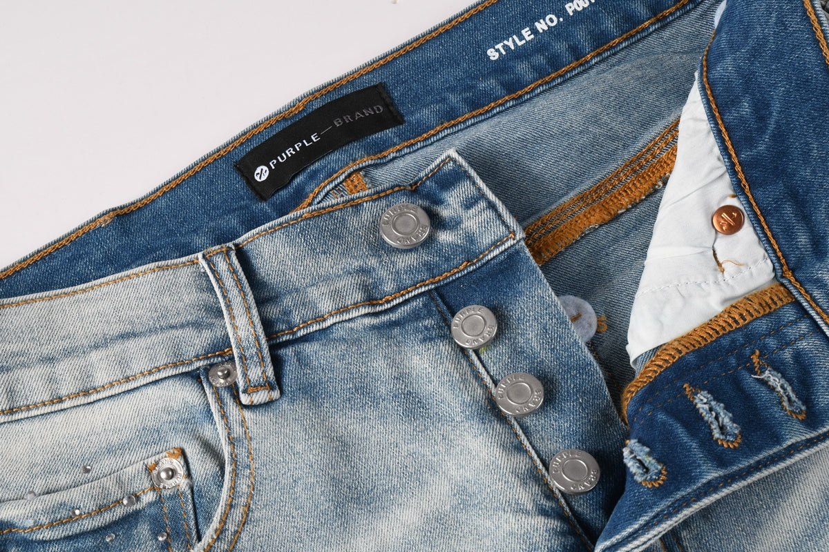 Men Streetwear Skinny Jeans Light Blue with Rhinestone Studs and Distressed Details PU9119