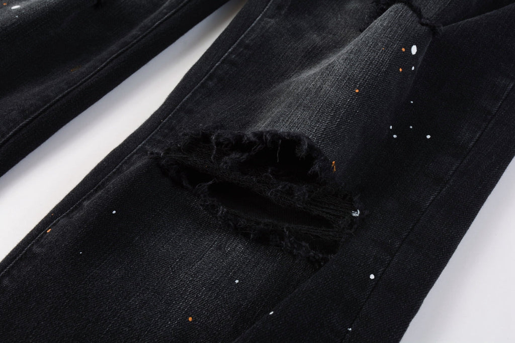 Mens Jeans - Distressed Black Denim with Knee Slit and Ripped Hole 9045