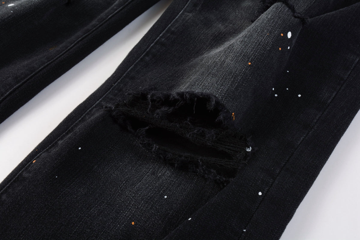Mens Jeans - Distressed Black Denim with Knee Slit and Ripped Hole 9045