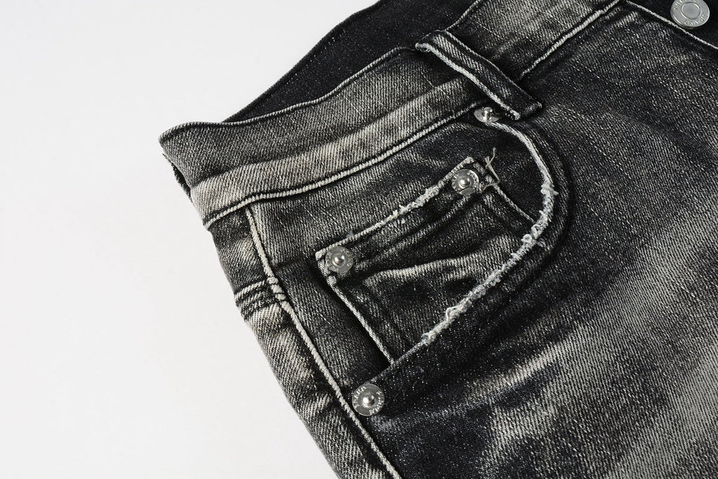 Men Streetwear Denim Shorts Grey Black Wash with Leopard Print Ripped Details and Raw Hem 5068