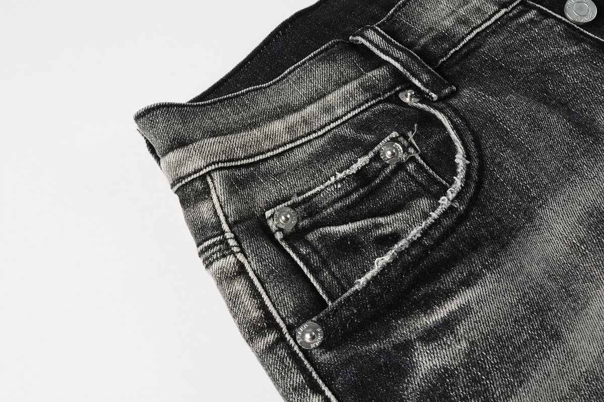 Men Streetwear Denim Shorts Grey Black Wash with Leopard Print Ripped Details and Raw Hem 5068