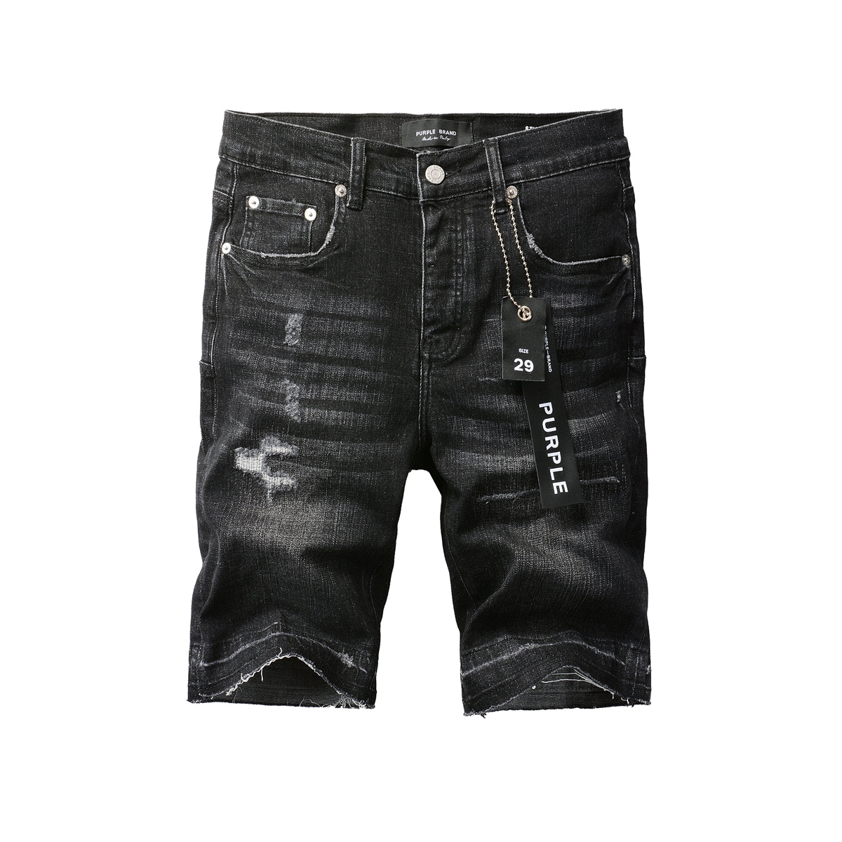 Men Streetwear Denim Shorts Black Wash with Distressed Rips and Raw Hem 5083