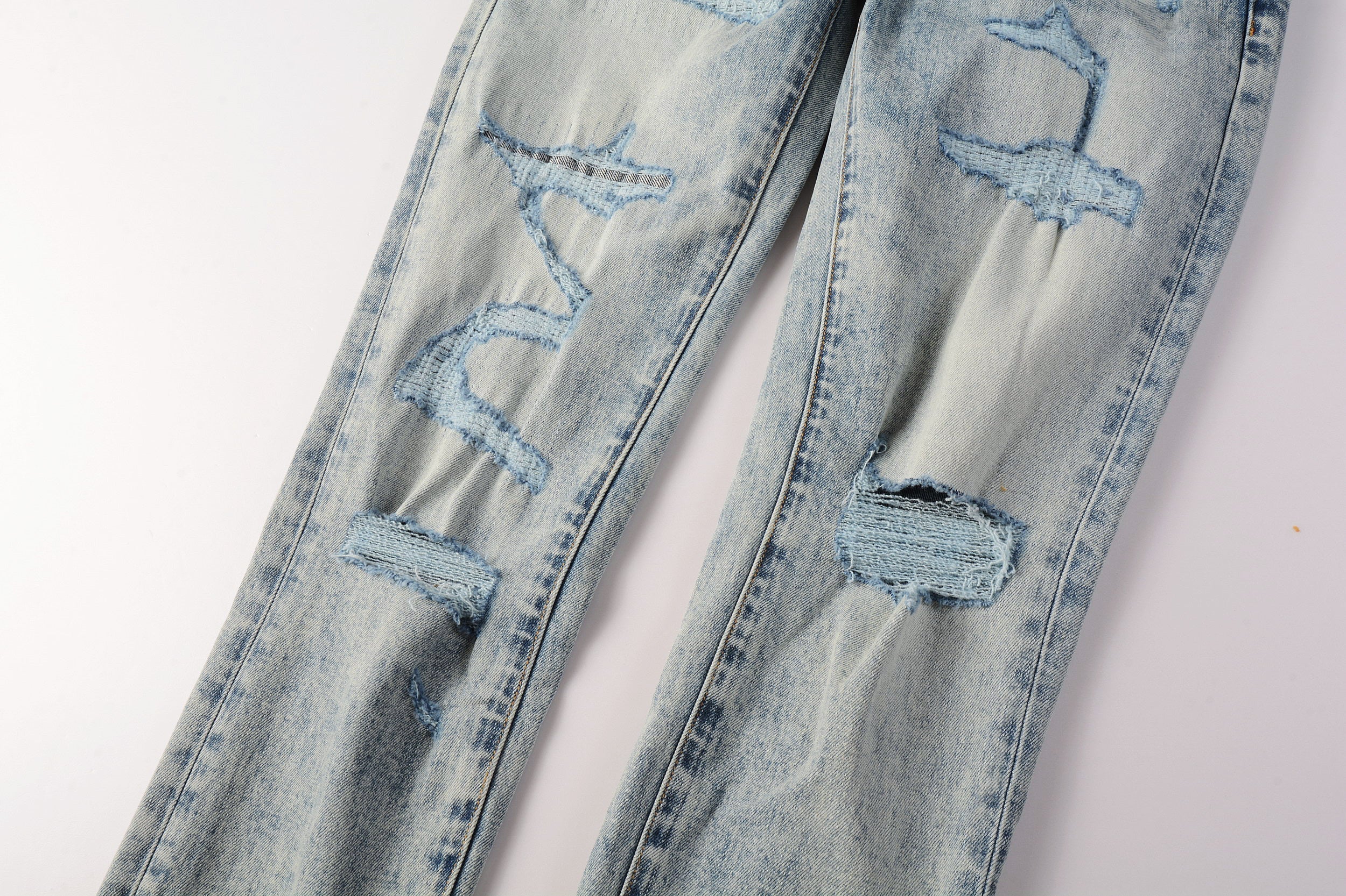 Men Streetwear Jeans Distressed Light Blue Abstract Ripped skinny 9093