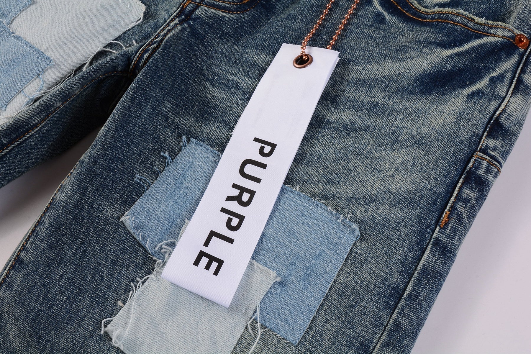 Men Streetwear Skinny Jeans Light Blue Wash with Patchwork Distressed Details 9015