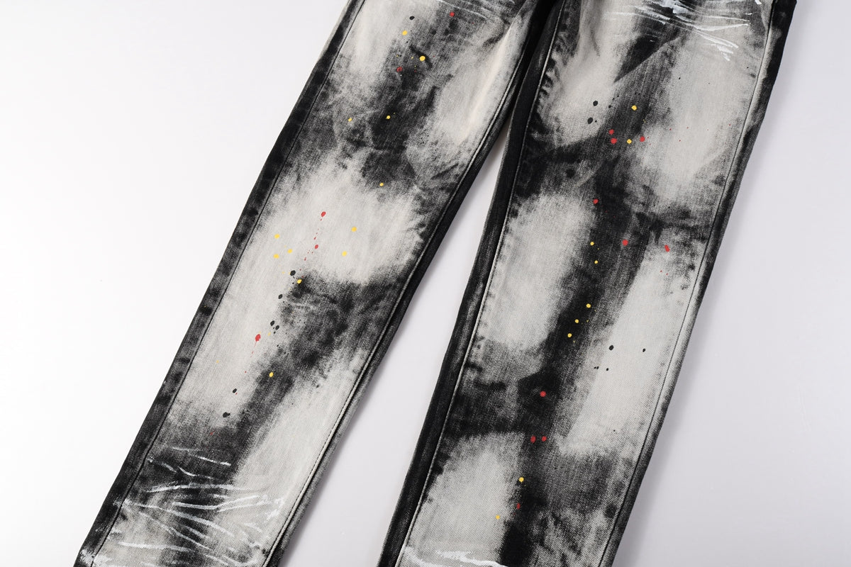 Men Streetwear Skinny Jeans Black and White Graffiti Wash with Multi Color Paint Splash 9111