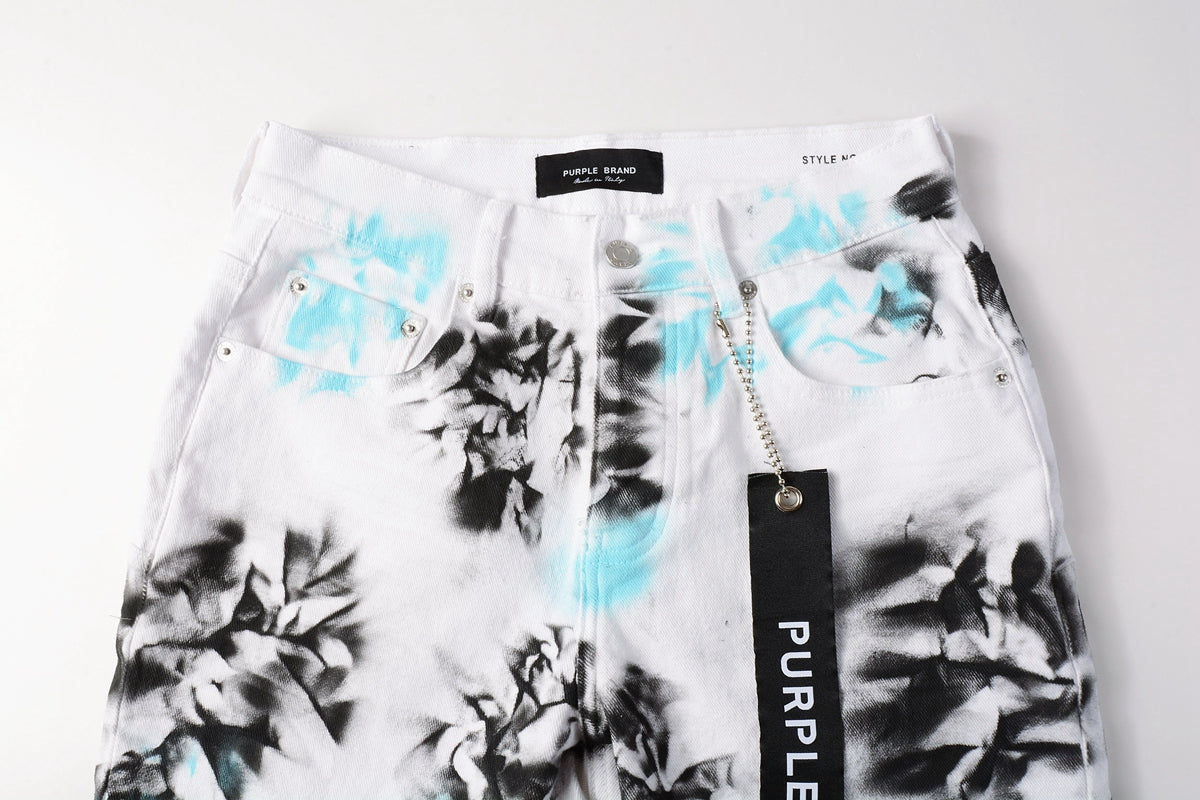 Men Streetwear Denim Shorts White Wash with Blue - Black Ink Floral Print and Raw Hem 5065
