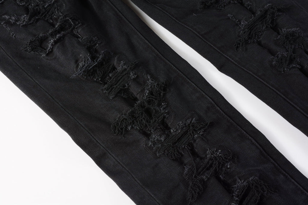 Men Distressed Black Skinny Jeans with Heavy Ripped Design and Grunge Streetwear Vibe 9108