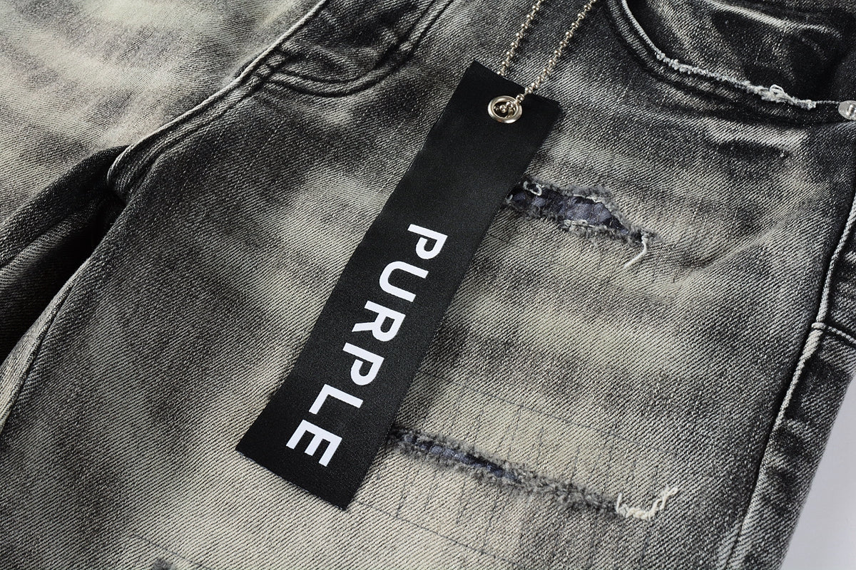 Men Streetwear Denim Shorts Grey Black Wash with Leopard Print Ripped Details and Raw Hem 5068