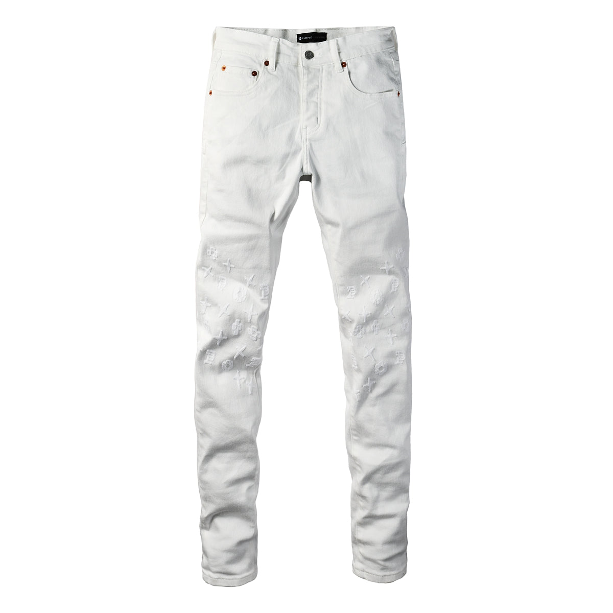 Men Designer Streetwear Skinny Jeans Solid White with 3D Embossed Monogram Pattern 9113