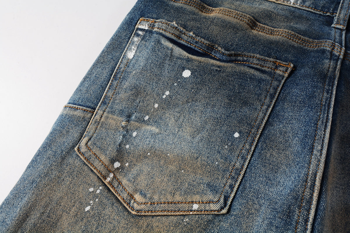 Men Streetwear Skinny Jeans Light Blue Wash with Distressed Rips and White Paint Splatter 9012