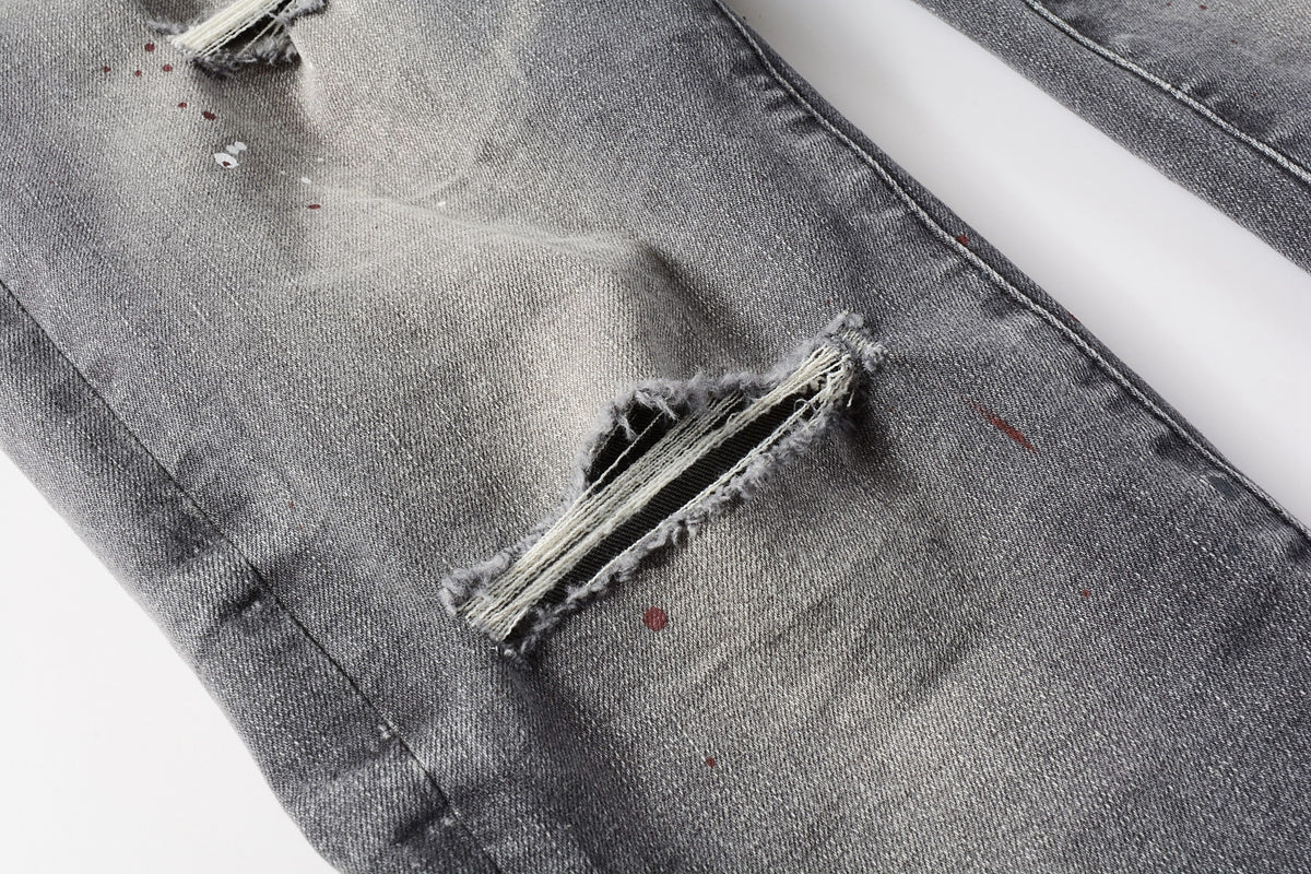 Men Streetwear Distressed Grey Skinny Jeanswith Color Paint Splatter and Knee Rips 9107