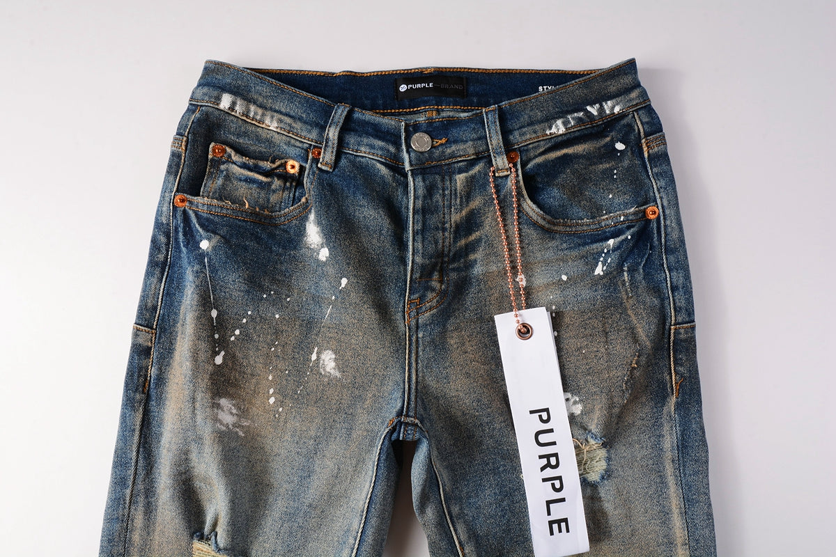 Men Streetwear Skinny Jeans Light Blue Wash with Distressed Rips and White Paint Splatter 9012