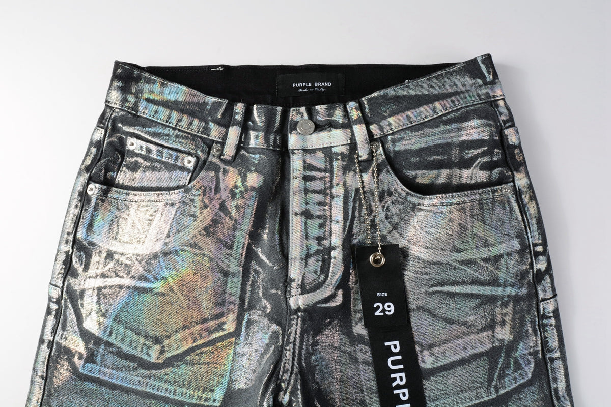 Men Streetwear Denim Shorts Black Wash with Holographic Reflective Finish and Raw Hem 5028