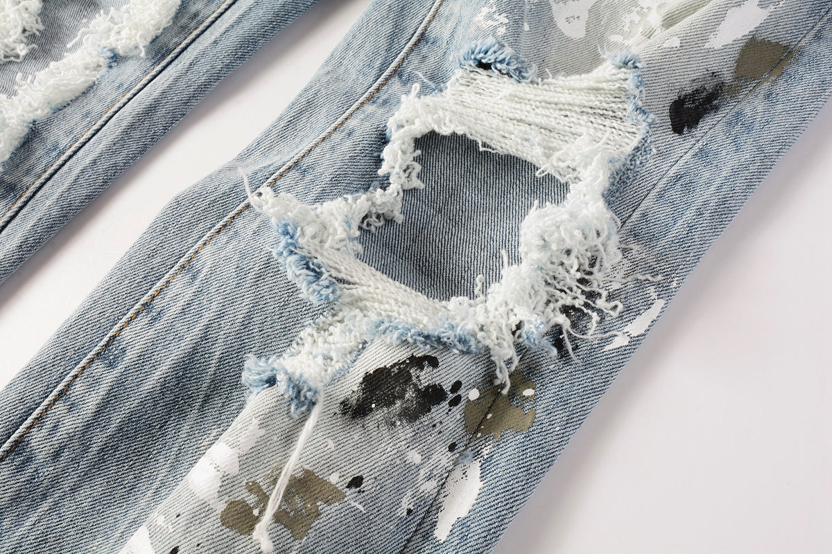 Men Streetwear Jeans Light Blue Paint Splash Distressed Ripped skinny 9100