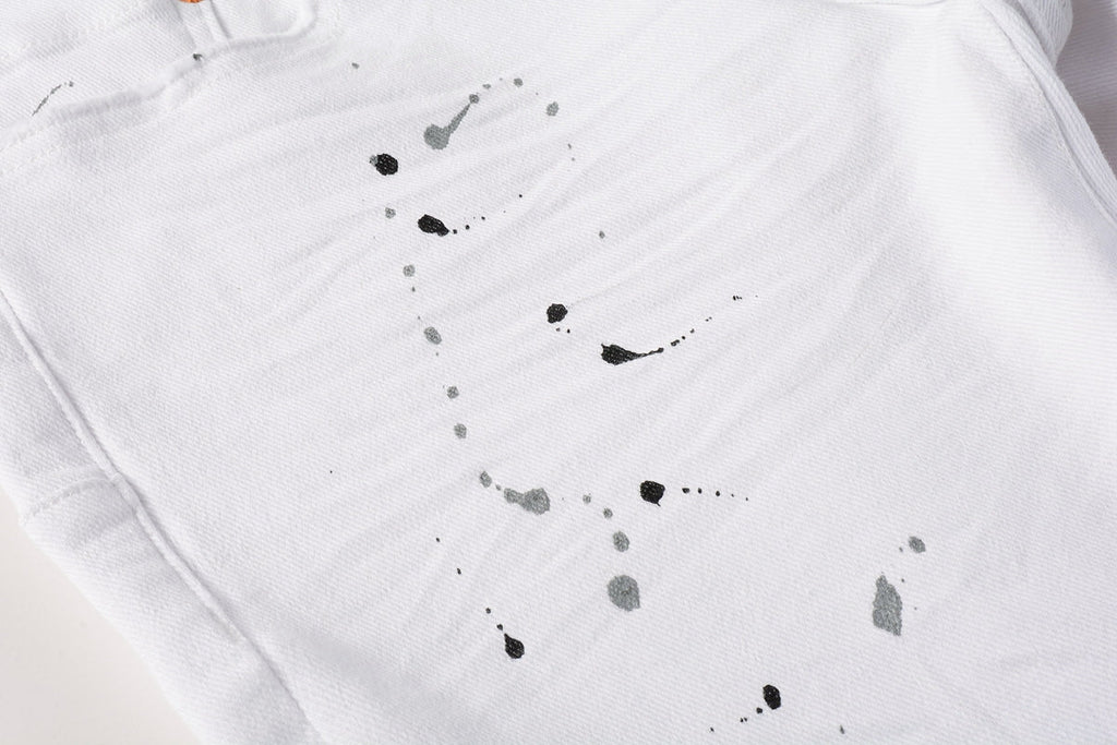 Men Streetwear Skinny Jeans White Wash with Black Paint Splatter and Distressed Rip 9021