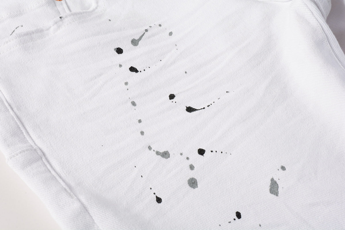Men Streetwear Skinny Jeans White Wash with Black Paint Splatter and Distressed Rip 9021