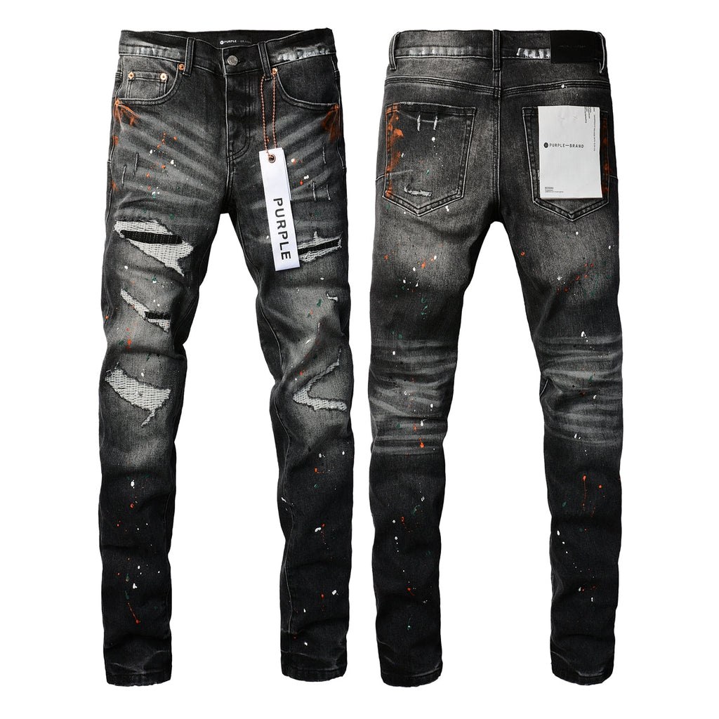 Men Streetwear Skinny Jeans Dark Gray Wash with Distressed Rips and Multi-Color Paint Splatter 9018