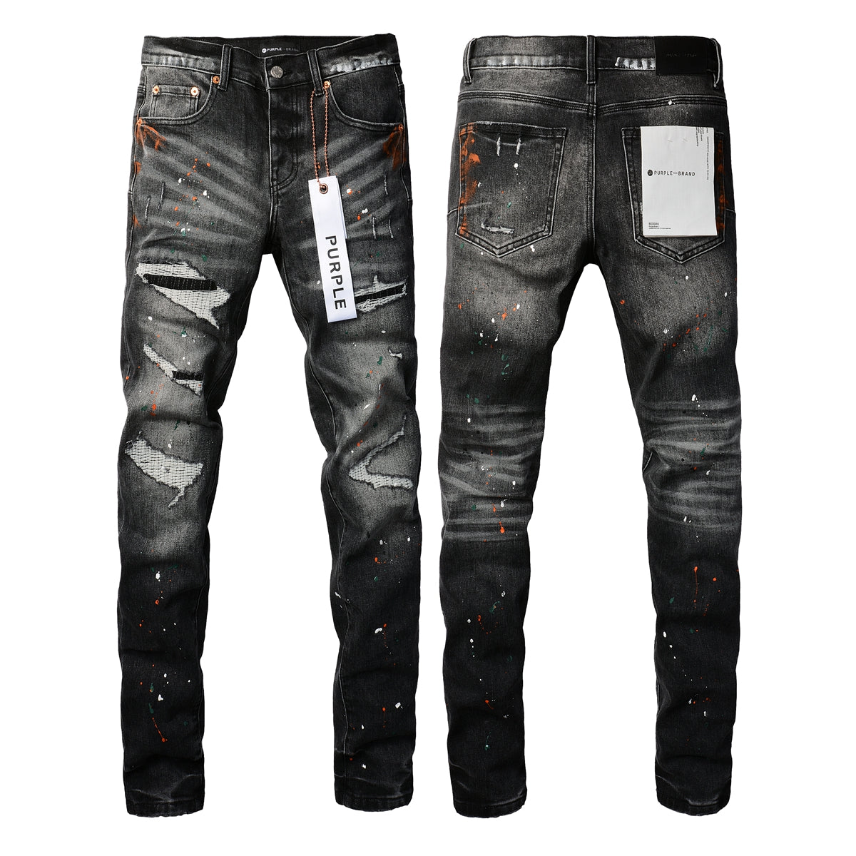 Men Streetwear Skinny Jeans Dark Gray Wash with Distressed Rips and Multi-Color Paint Splatter 9018