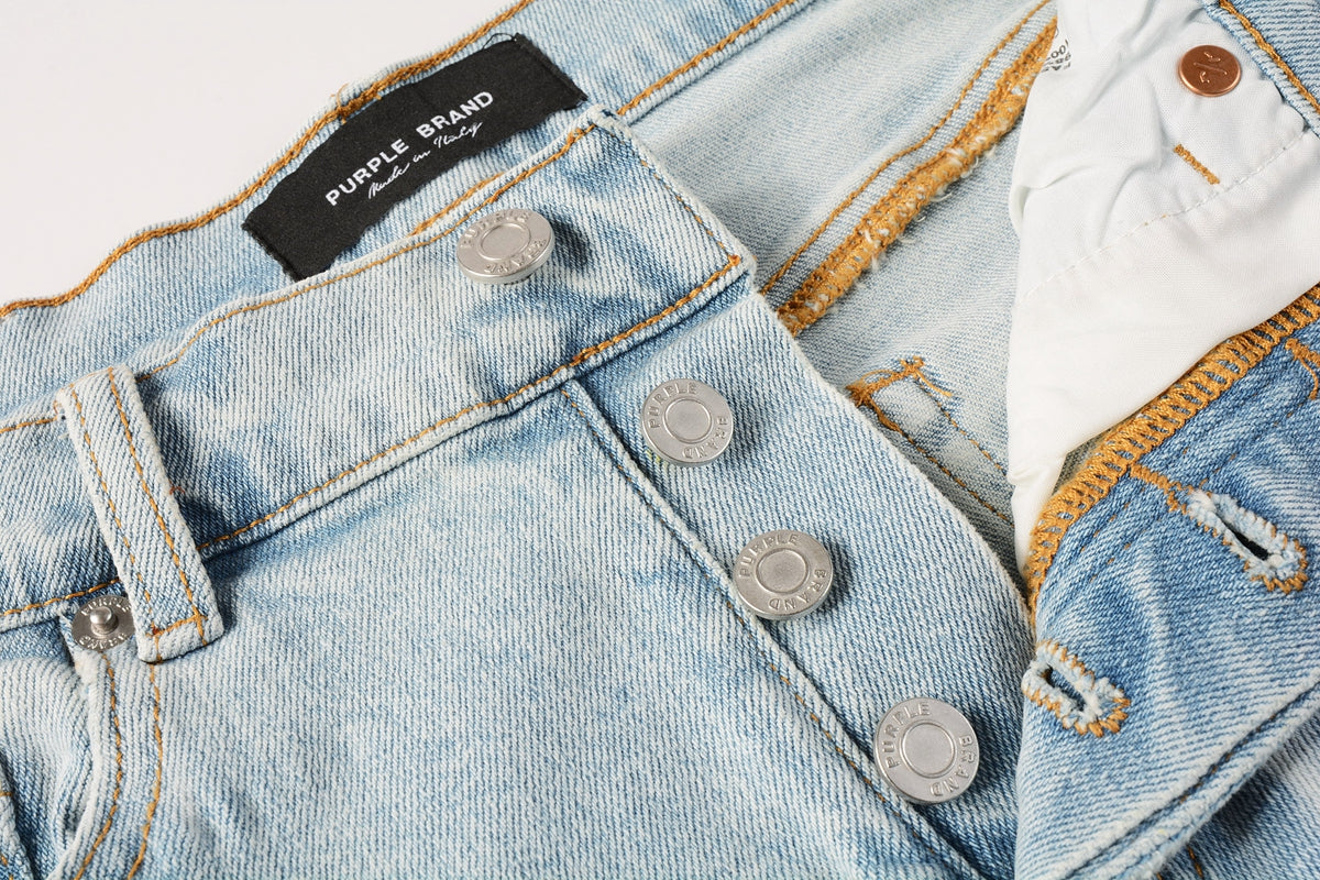 Men Streetwear Denim Shorts Light Blue Wash with White Distressed Patches and Raw Hem 5069